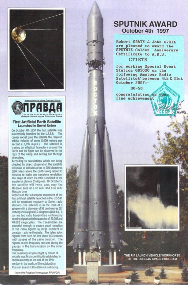 Certificado do Sputnik Award, de outubro de 2007, por contactar a estação especial GB50SO através do SO-50