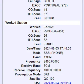 Just got a nice LoTW QSL from 9X2AW, for our yesterday's QO-100 qso #amsat #hamradio